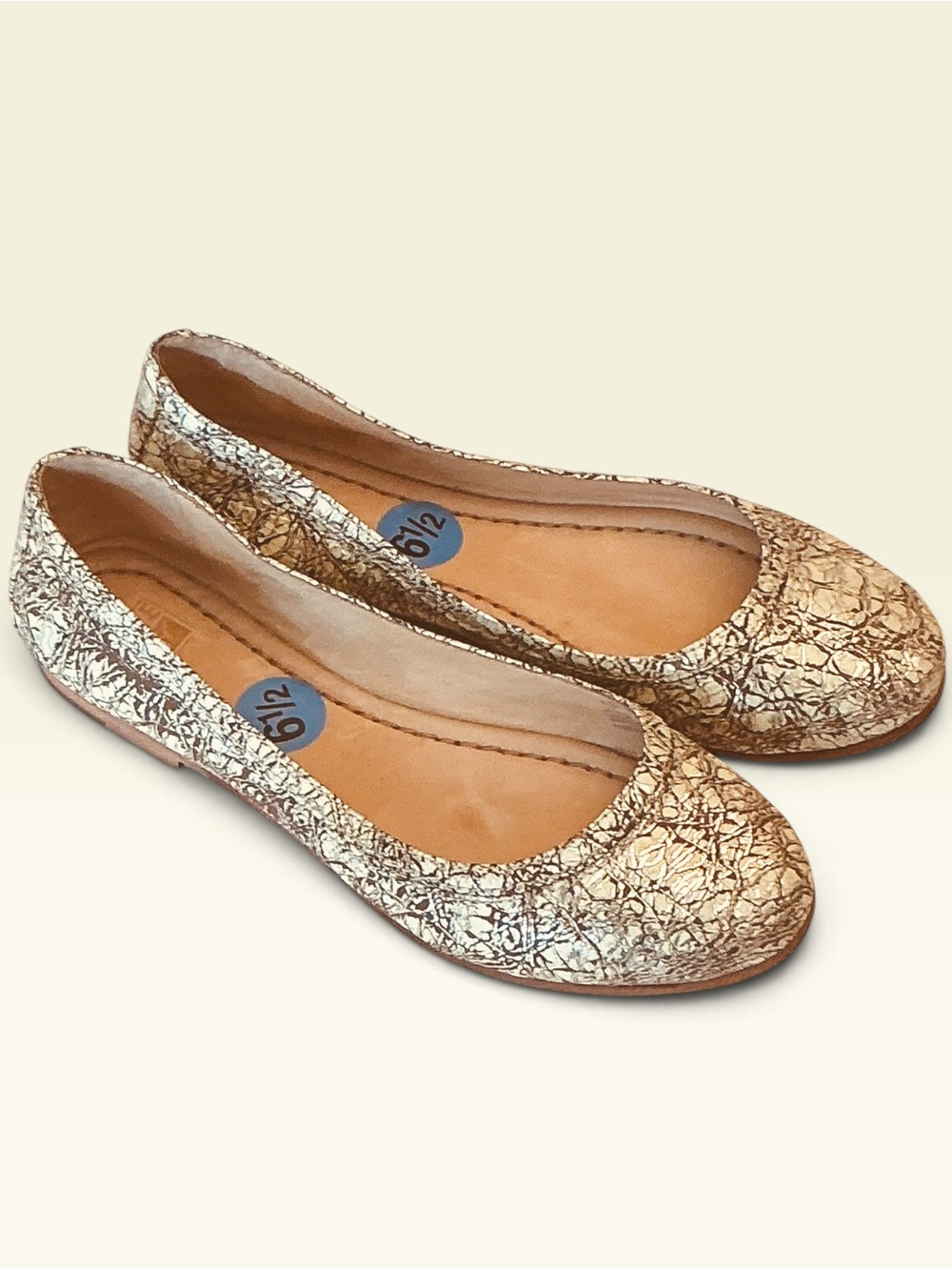 Frye Carson Ballet Flats Marbled Gold Cream Leather Slip-on Shoe Size-6.5